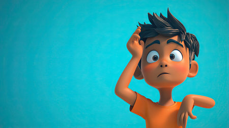 A puzzled 3D Indian cartoon character scratching his head, with space for text in the backgroundの素材