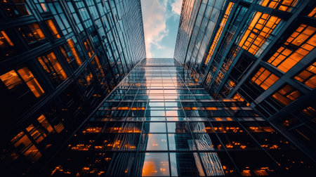 A tall, glass-covered office building framed by empty streets, perfect for adding text in the sky. No people visibleの素材