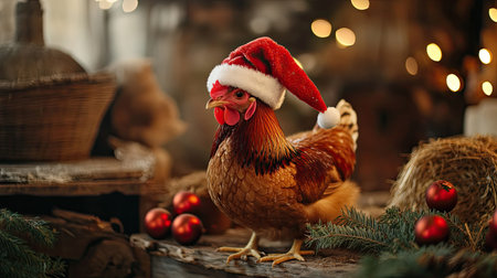 Festive chicken in a Santa hat, surrounded by rustic farm decor, with warm lighting and copy space in the backgroundの素材