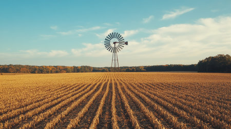 A farm windmill surrounded by crops, with plenty of clear sky for copy space. No people visibleの素材