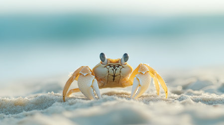 A small hermit crab in a close-up shot, with room for copy in the background of the beach sandの素材