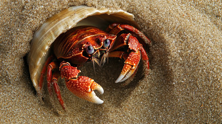A hermit crab scurrying across the sand, captured in close-up, with room for copy in the open space around itの素材