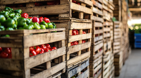Close-up of stacked crates of freshly harvested produce, with blank space around for text or brandingの素材