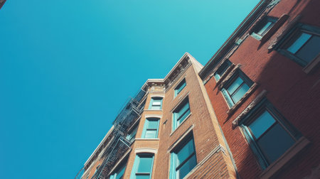 A classic brick building fade with clear blue sky above, offering room for text or branding. No people visibleの素材