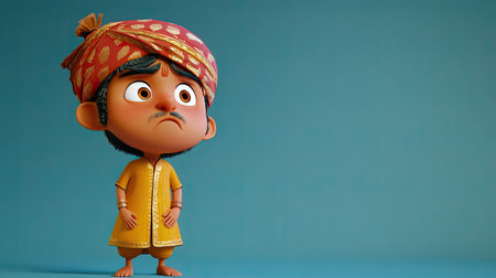 A disappointed 3D Indian cartoon character looking down at the floor, leaving space for copyの素材