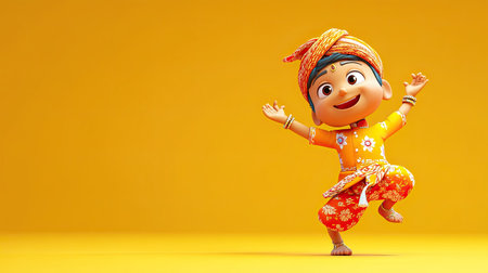 A joyful 3D Indian cartoon character dancing happily, with open background space for text or brandingの素材
