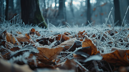 Frost-covered grass and leaves on the forest floor with ample space for copyの素材