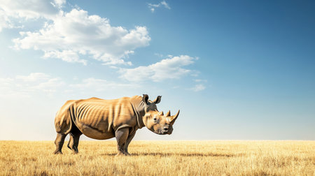 A majestic rhinoceros standing in an open field, photographed from the side, with ample copy space in the sky aboveの素材