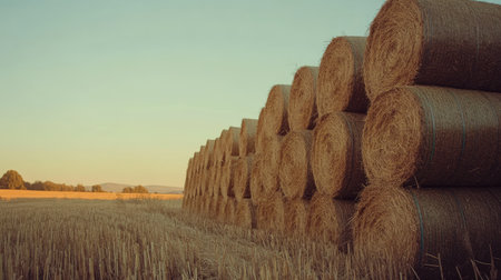 Close-up of large stacks of hay bales under a clear sky, with room for text or branding in the backgroundの素材