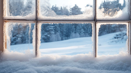 Close-up of frosty window with snow-covered landscape in the background, ample copy spaceの素材