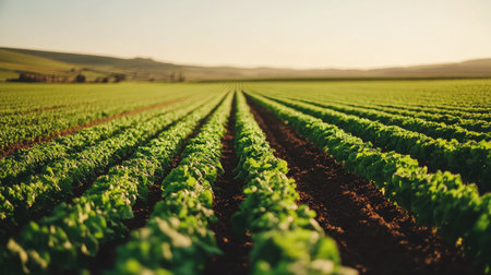 Fields of green lettuce stretching into the horizon, with clear sky providing room for copyの素材