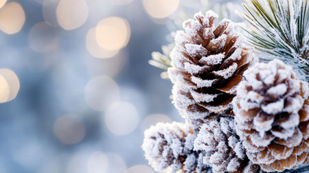 Close-up of snow-covered pinecones with a blurred background for copy spaceの素材