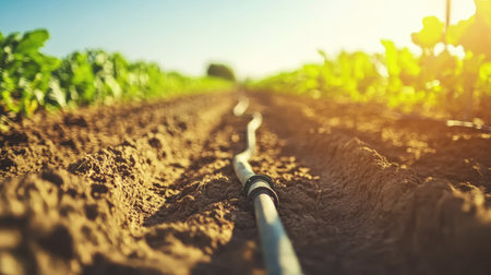 Close-up of irrigation hoses running through a field of crops, with ample room for text or brandingの素材