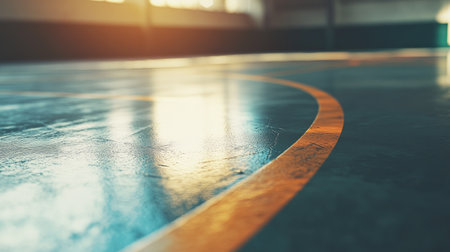 Detailed shot of the edge of a basketball court, focusing on the boundary line with room for text. No one on the courtの素材