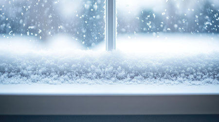 Close-up of frost-covered window ledge with snow falling in the background, ample copy spaceの素材