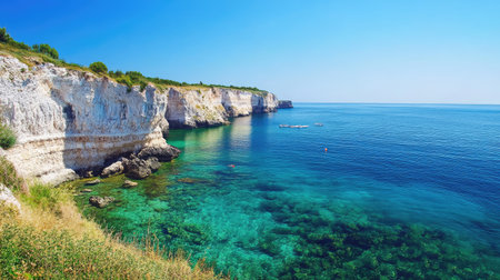 Serene ocean view from a European coastal cliff, with room for copy in the clear sky above. No boats or peopleの素材