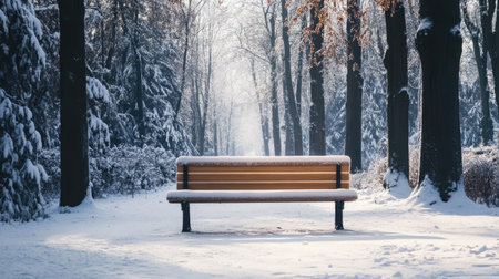 Empty winter park bench surrounded by snow-covered trees, ample copy space in the sceneの素材