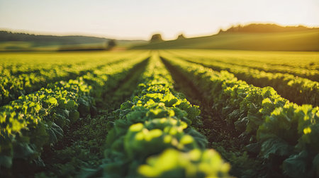 Fields of green lettuce stretching into the horizon, with clear sky providing room for copyの素材