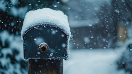 Close-up of frost-covered mailbox with snow falling, space for copy in the snowy backgroundの素材