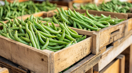 Close-up of freshly picked green beans in crates, with open space for text or brandingの素材