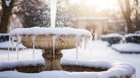 Frozen fountain in a snow-covered square with room for text or design elementsの素材