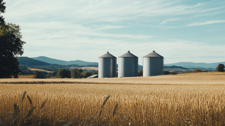 Grain silos towering over a farm landscape, with empty sky for copy space. No people or animalsの素材