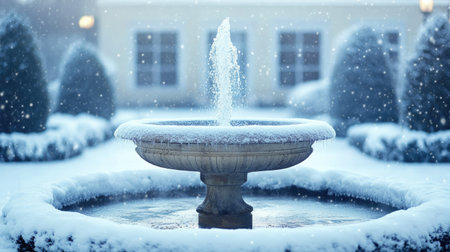 Frozen fountain in a snow-covered square with room for text or design elementsの素材