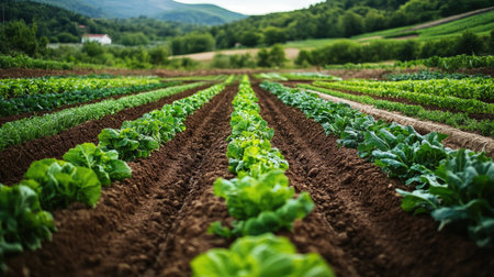 Rows of vegetables growing in an organized agricultural field, with clear space above for copyの素材