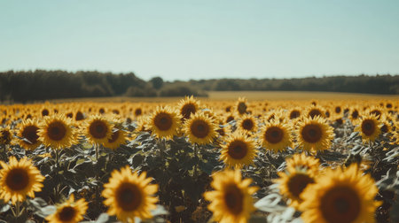 Field of sunflowers in full bloom under a clear sky, with ample space for copy. No people presentの素材