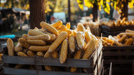 Harvested corn cobs piled up in a crate, with room for copy in the surrounding areaの素材