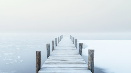 Frozen wooden pier stretching into a snow-covered lake with room for copyの素材