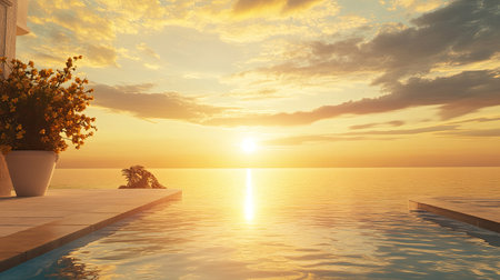 European seaside sunset with calm waters and room for copy in the glowing sky. No people presentの素材