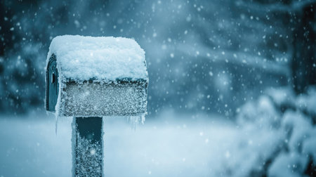 Close-up of frost-covered mailbox with snow falling, space for copy in the snowy backgroundの素材