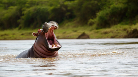 Hippopotamus yawning in a river, surrounded by water and trees, leaving clear space for copy in the backgroundの素材