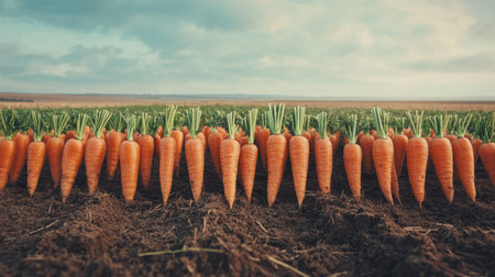 Harvested carrots lined up in a field, with open space for text or branding. No people presentの素材