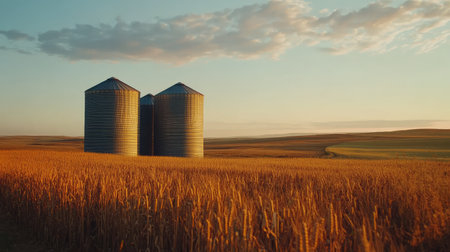 Grain silos towering over a farm landscape, with empty sky for copy space. No people or animalsの素材