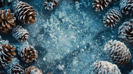 Frost-covered pinecones on a snowy forest floor with plenty of space for textの素材