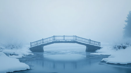 Snow-covered bridge with icy water below and a blank sky for copyの素材