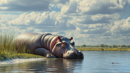 Hippopotamus resting by the water's edge, with empty sky and landscape around it for copy spaceの素材