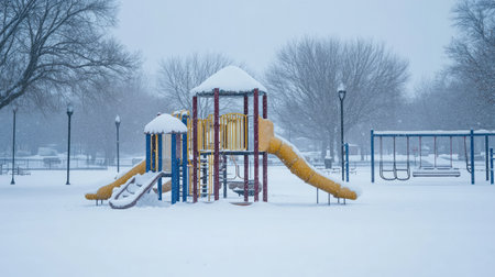 Snow-covered playground equipment in an empty park, blank space for copy in the snowの素材