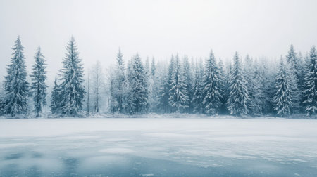 Ice-covered lake with snow-covered trees in the background, ample copy space on the iceの素材