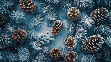 Frost-covered pinecones on a snowy forest floor with plenty of space for textの素材