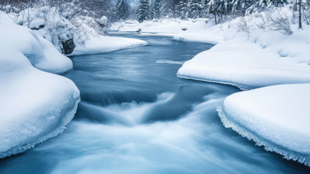 Icy river flowing through a snow-covered landscape with plenty of blank space for copyの素材