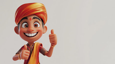 Smiling 3D Indian cartoon character giving a double thumbs-up, with room for copy aroundの素材