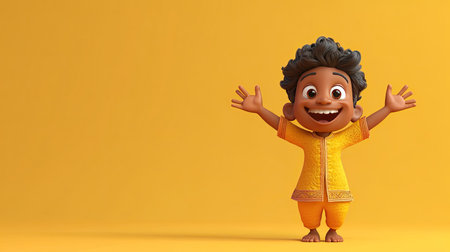 Happy 3D Indian cartoon character smiling, arms raised in joy, with blank space for text or designの素材