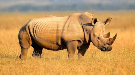 Side view of a rhinoceros on the African savannah, photographed with ample space for text or branding in the sceneの素材