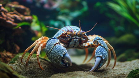 Hermit crab in detailed focus, leaving open space in the background for text or design elementsの素材