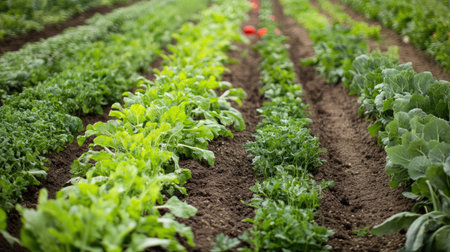 Rows of vegetables growing in an organized agricultural field, with clear space above for copyの素材
