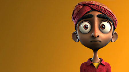 Thoughtful 3D Indian cartoon character staring into the distance, with open space for text in the backgroundの素材