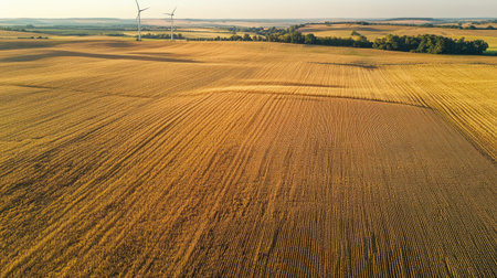 Wind turbines standing tall in a vast field of crops, with plenty of space for text or brandingの素材